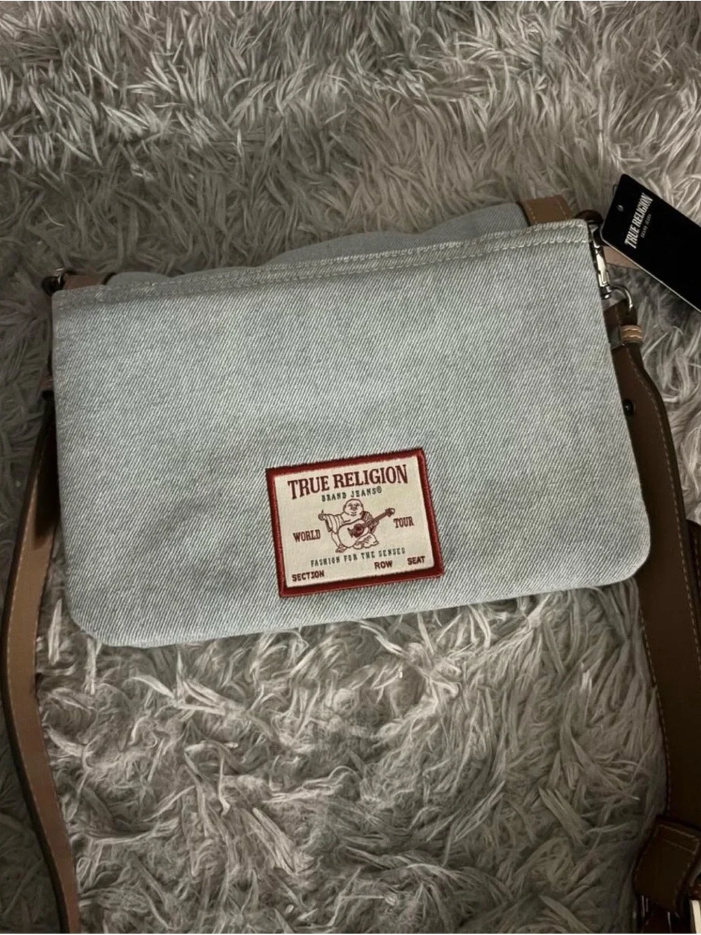 True Religion Light Blue Denim Crossbody with Tan Trim